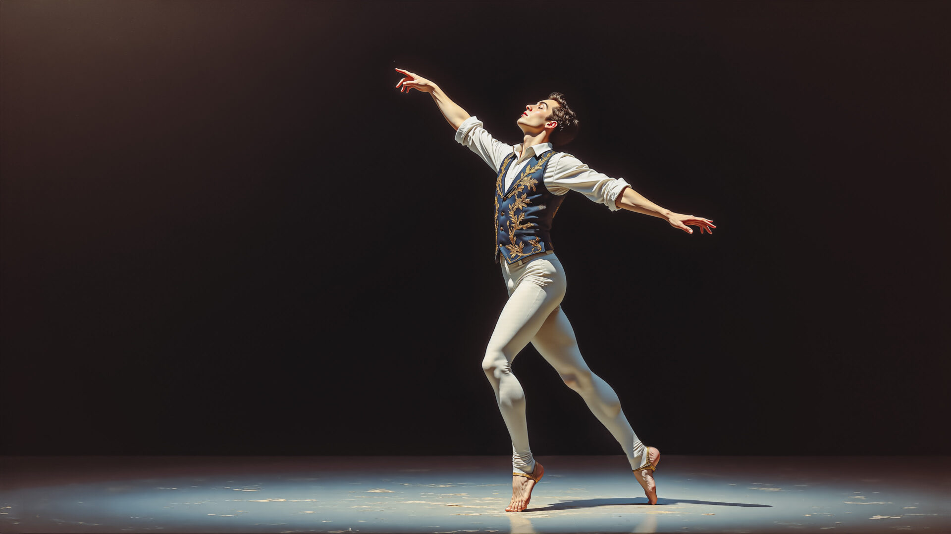 暗いステージで踊るバレエダンサー