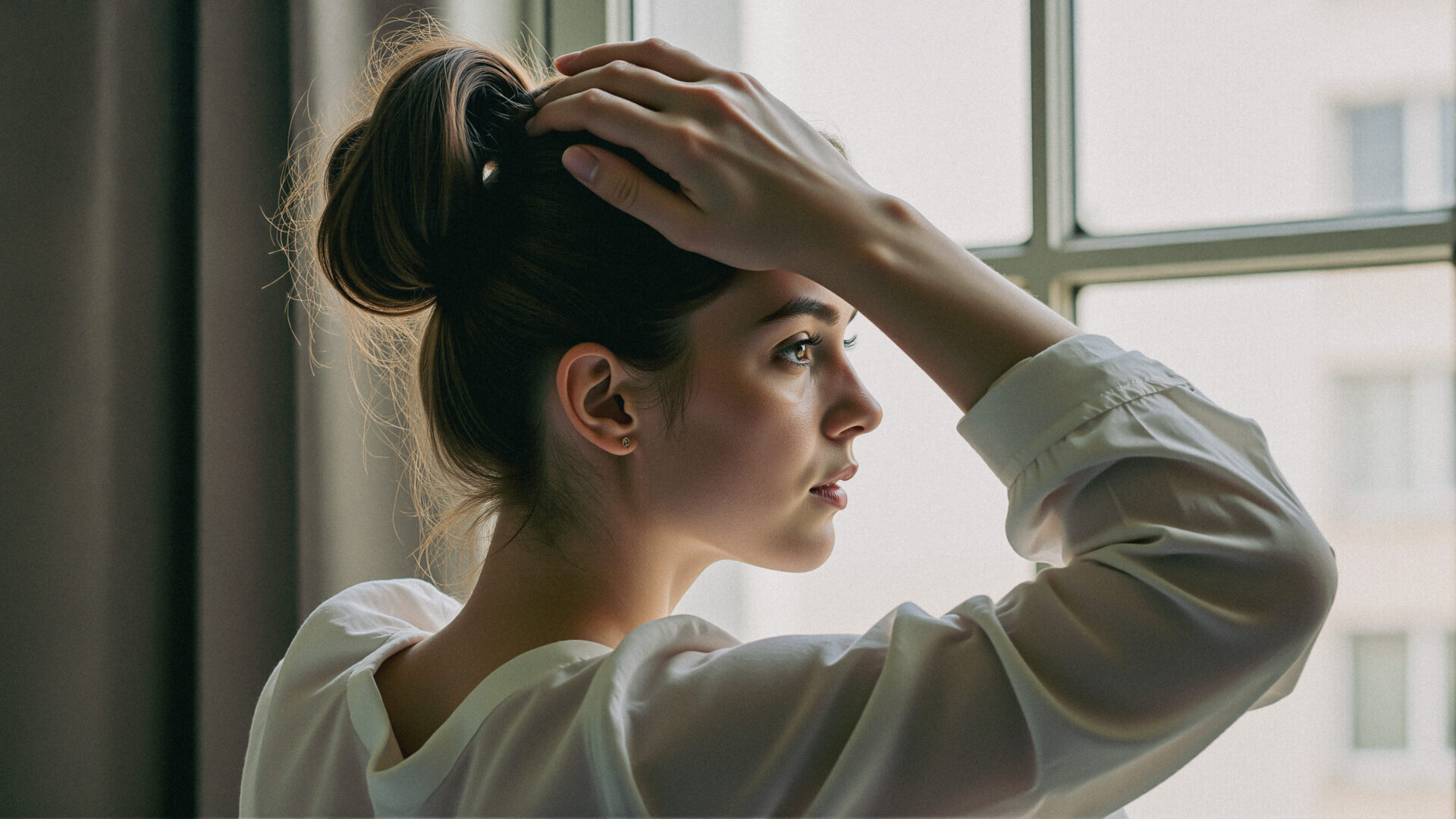 お団子頭をセットする女性 01