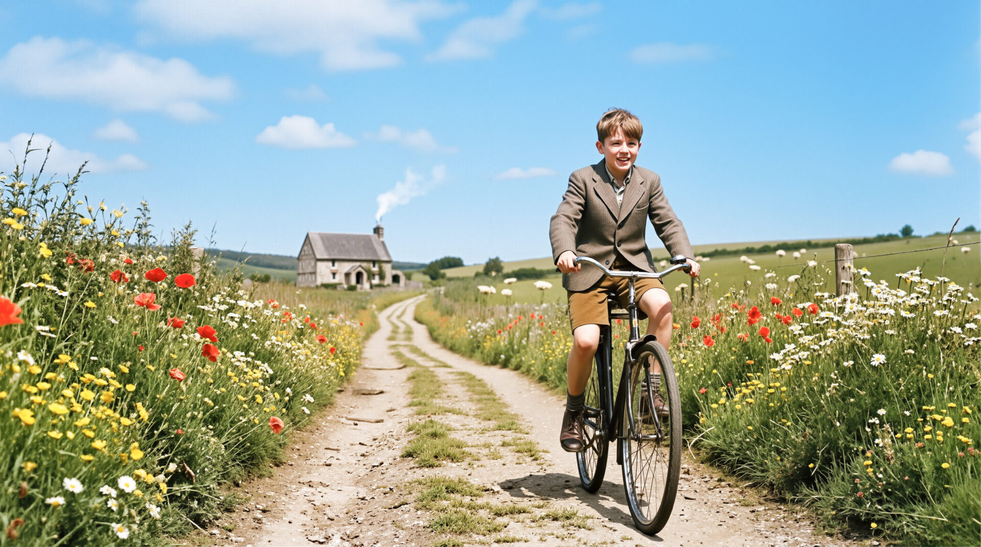 青空の農村で自転車を漕ぐ男の子
