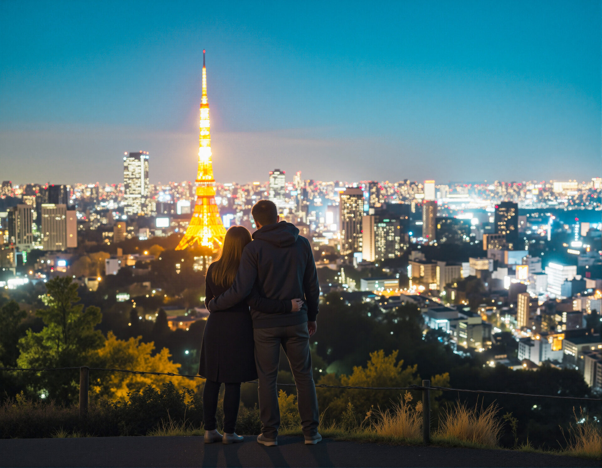 高台から街を見下ろすカップル　01