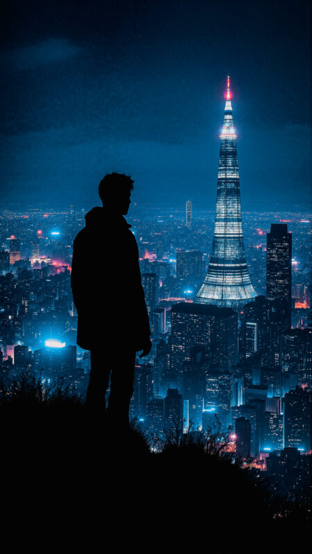 高台から街を見下ろす男性　01