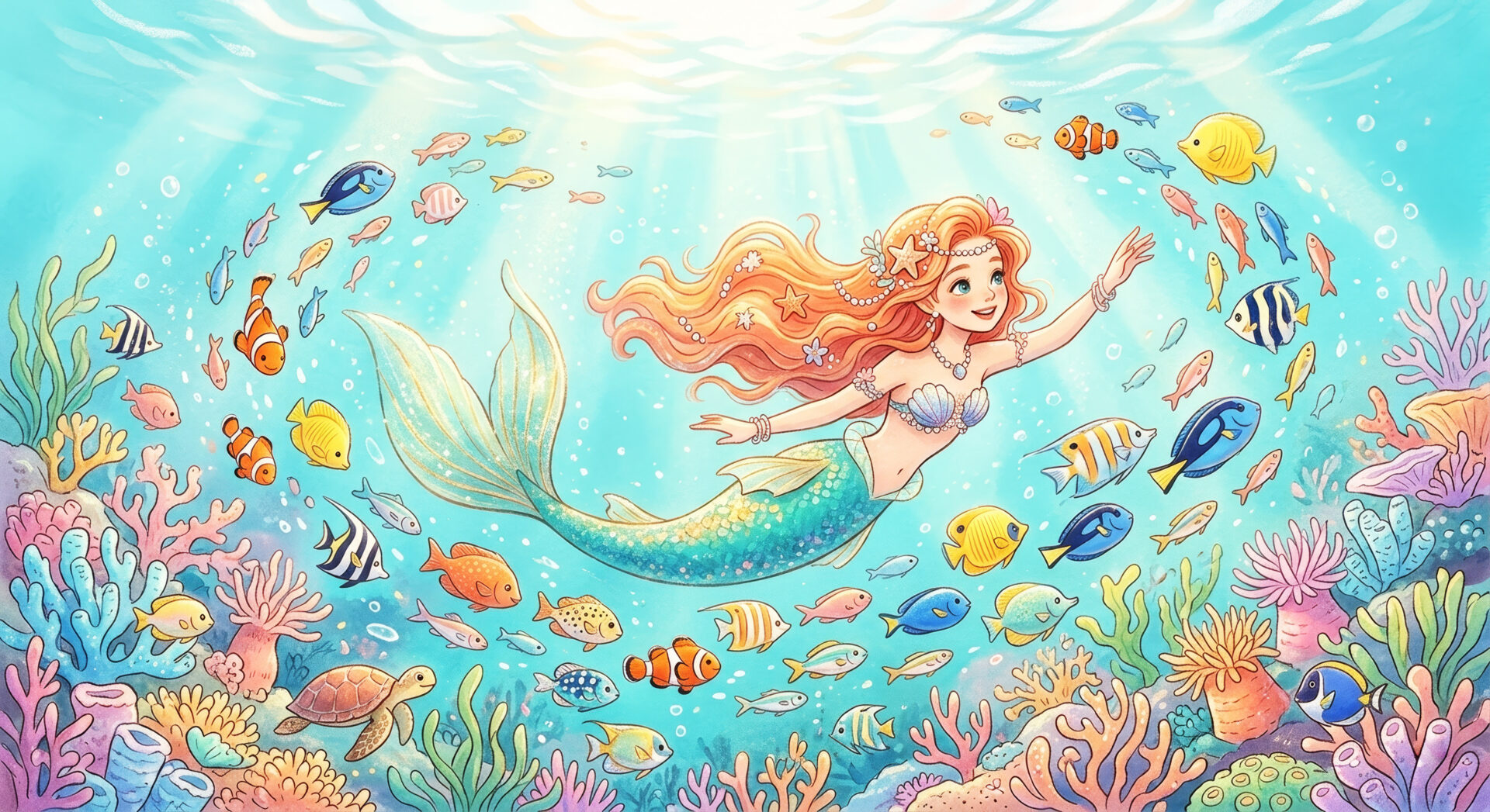 珊瑚の海で魚と泳ぐ人魚　01