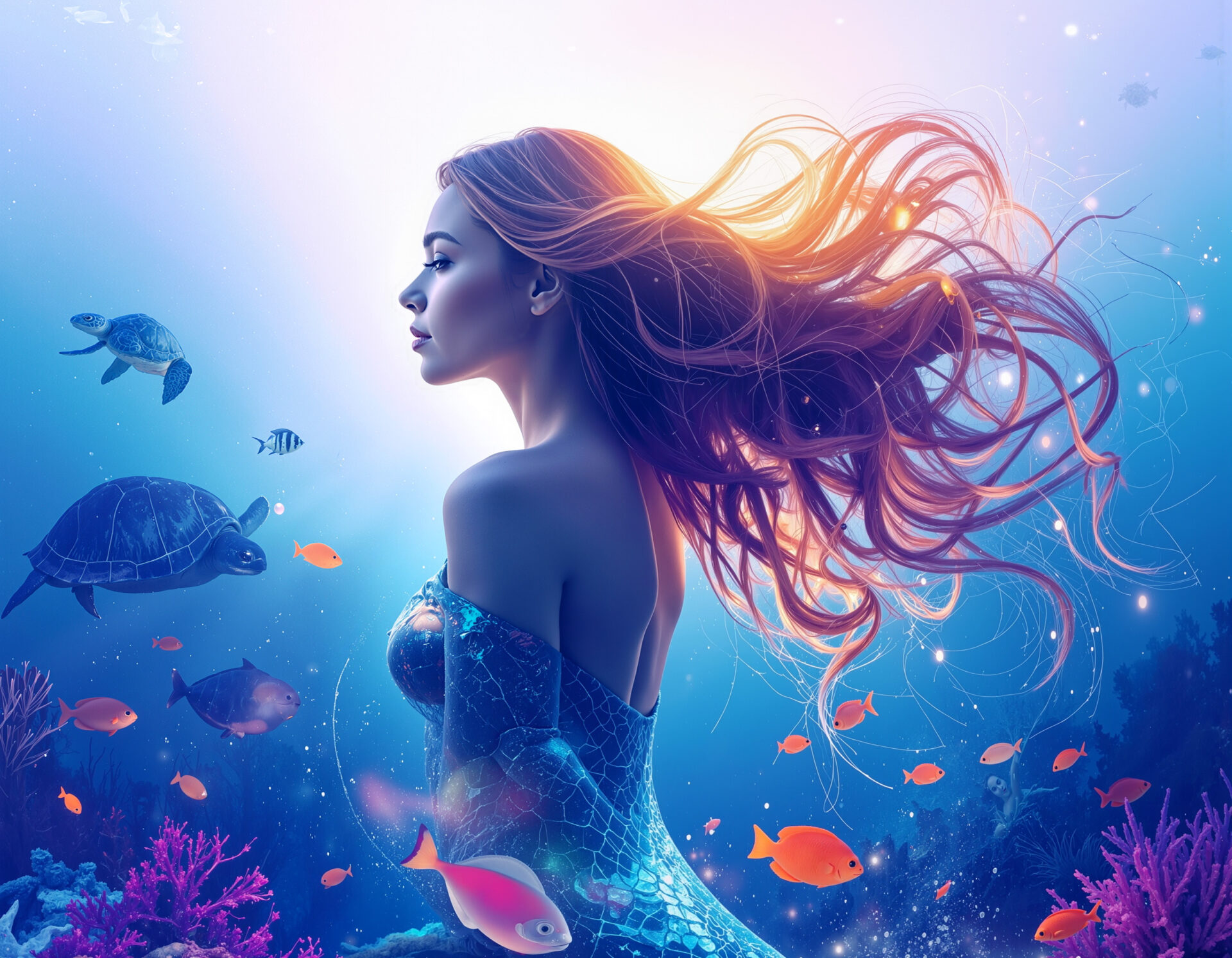 海の生物と海中の人魚のサイドショット　01