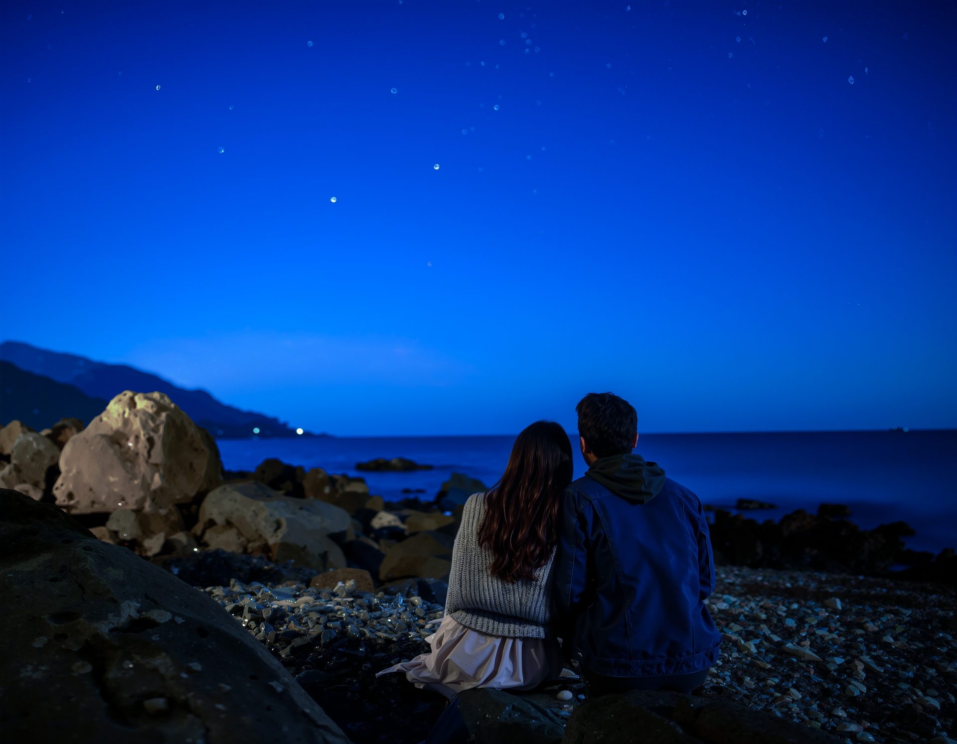 夜の海辺のカップル 01