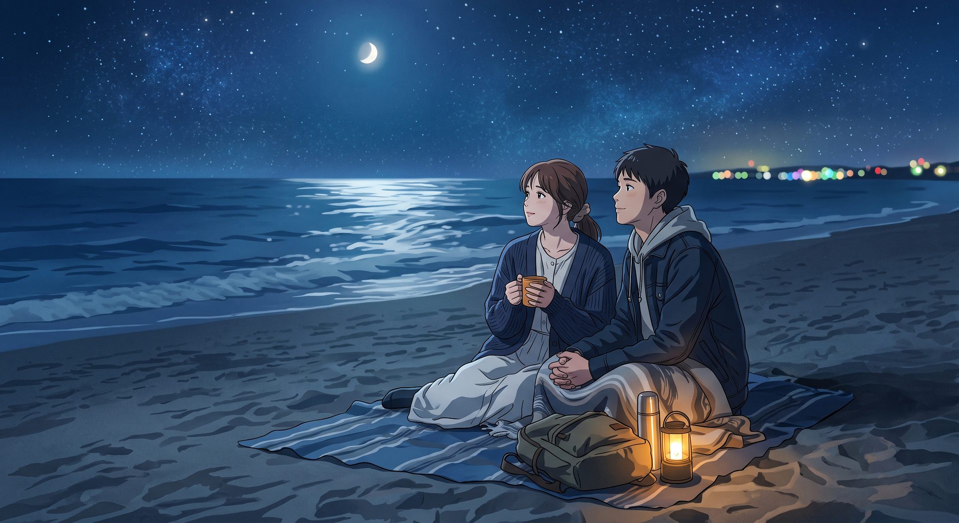 夜の海辺のカップル 04