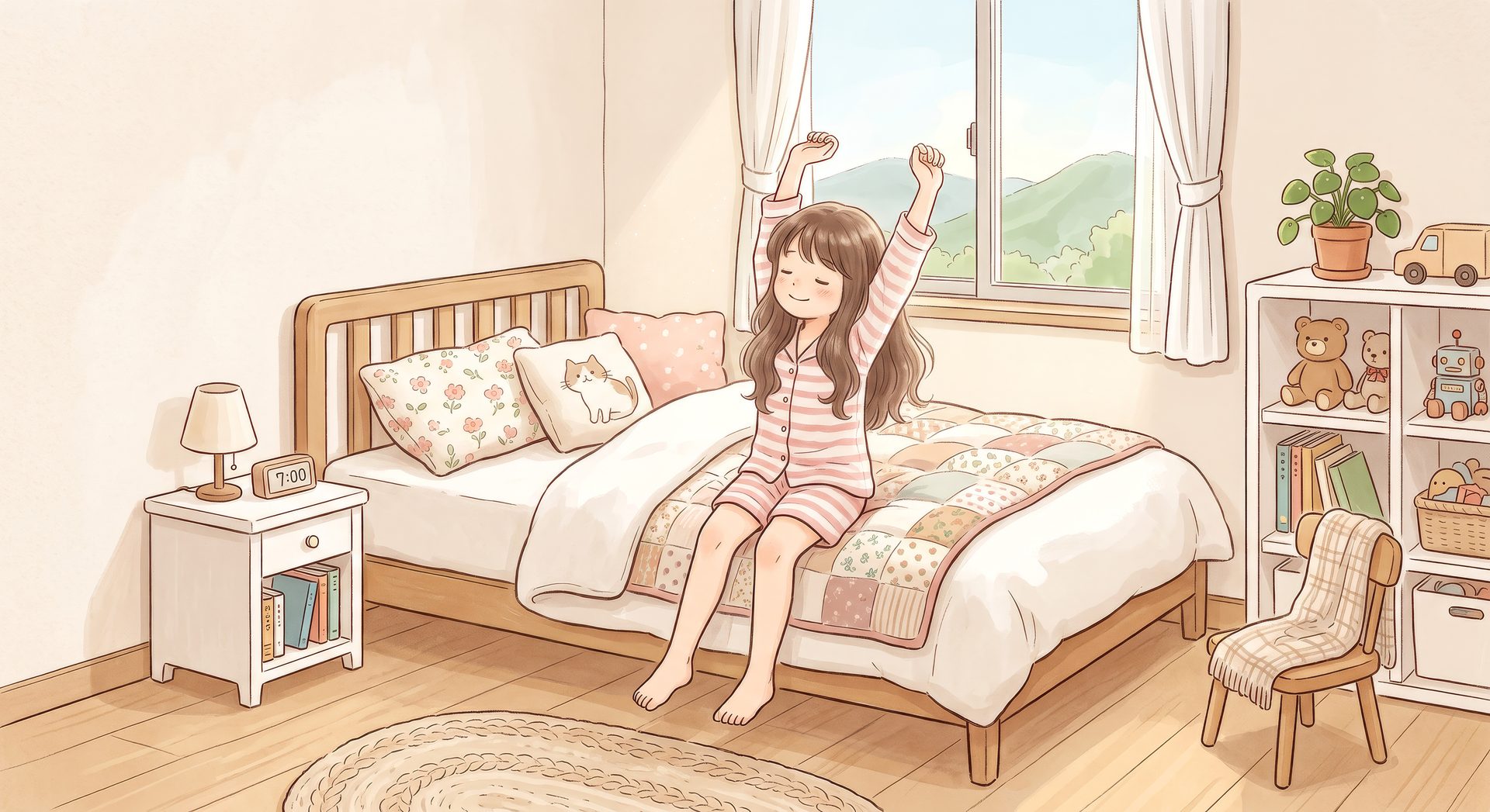 朝目覚めて伸びをする女の子 01